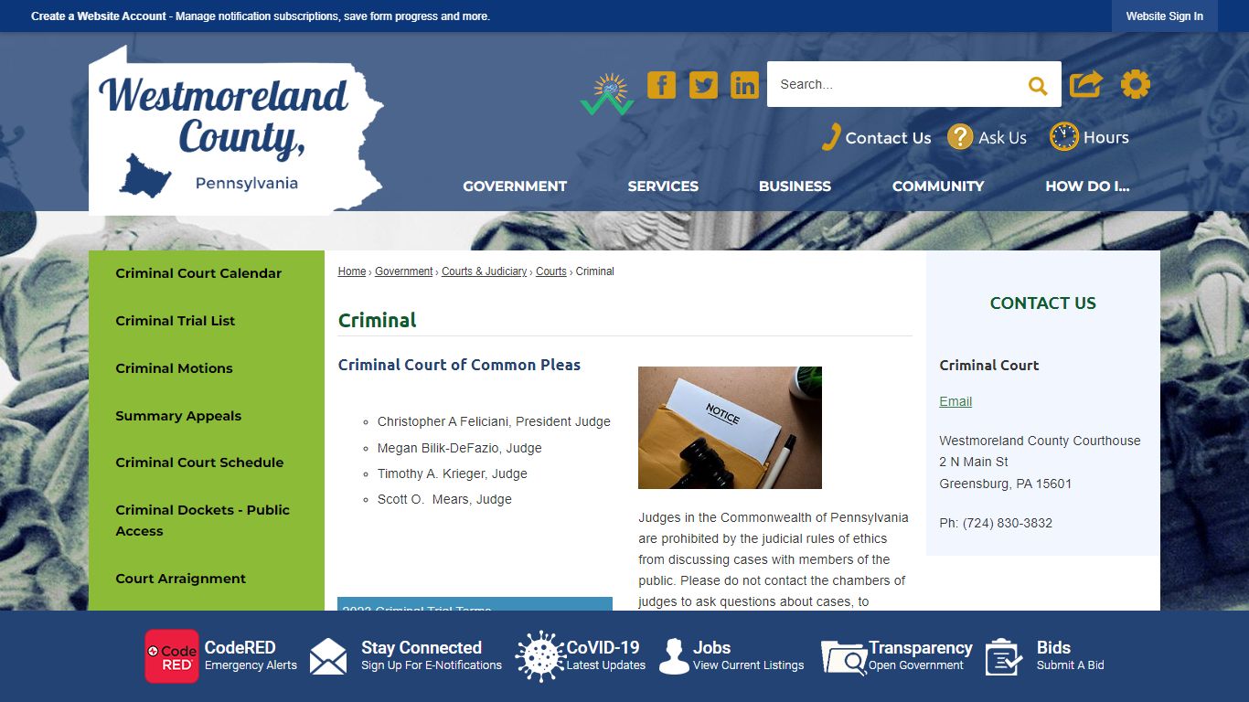 Criminal | Westmoreland County, PA - Official Website